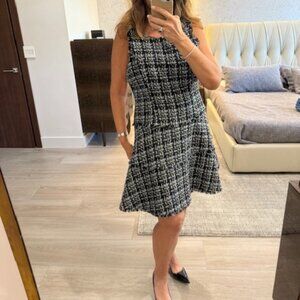 Likely Women's Tweed Fitted Dress Black With Blue and Silver Metallic Trim